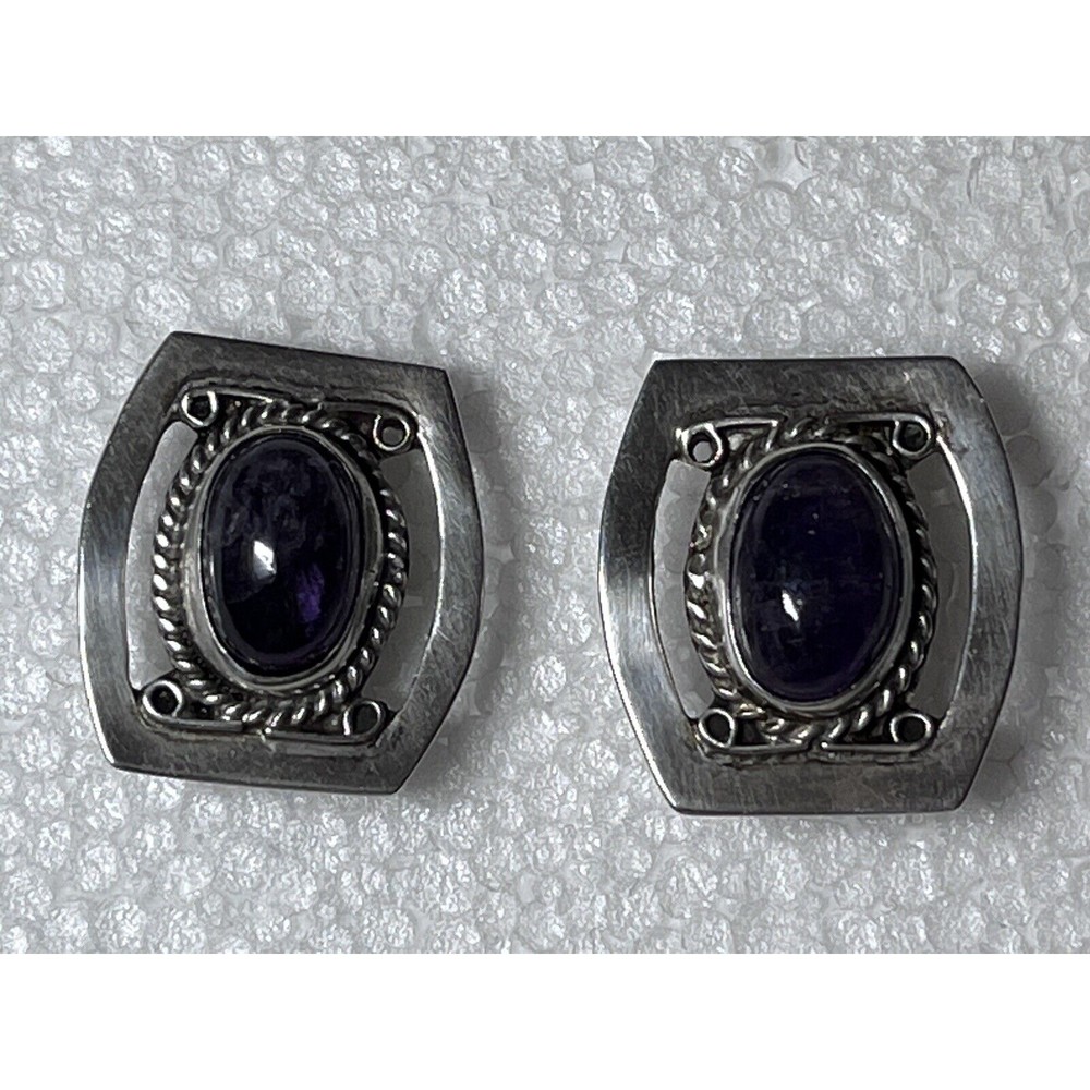 Vintage Sterling Silver Amethyst Large Cabachon Screw Back Earrings